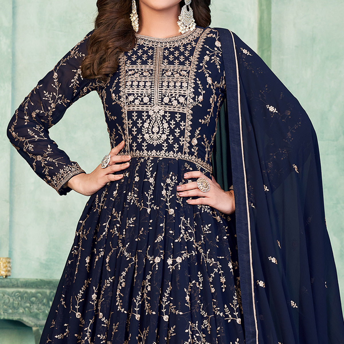 Blue Embroidered Georgette Semi Stitched Anarkali Suit