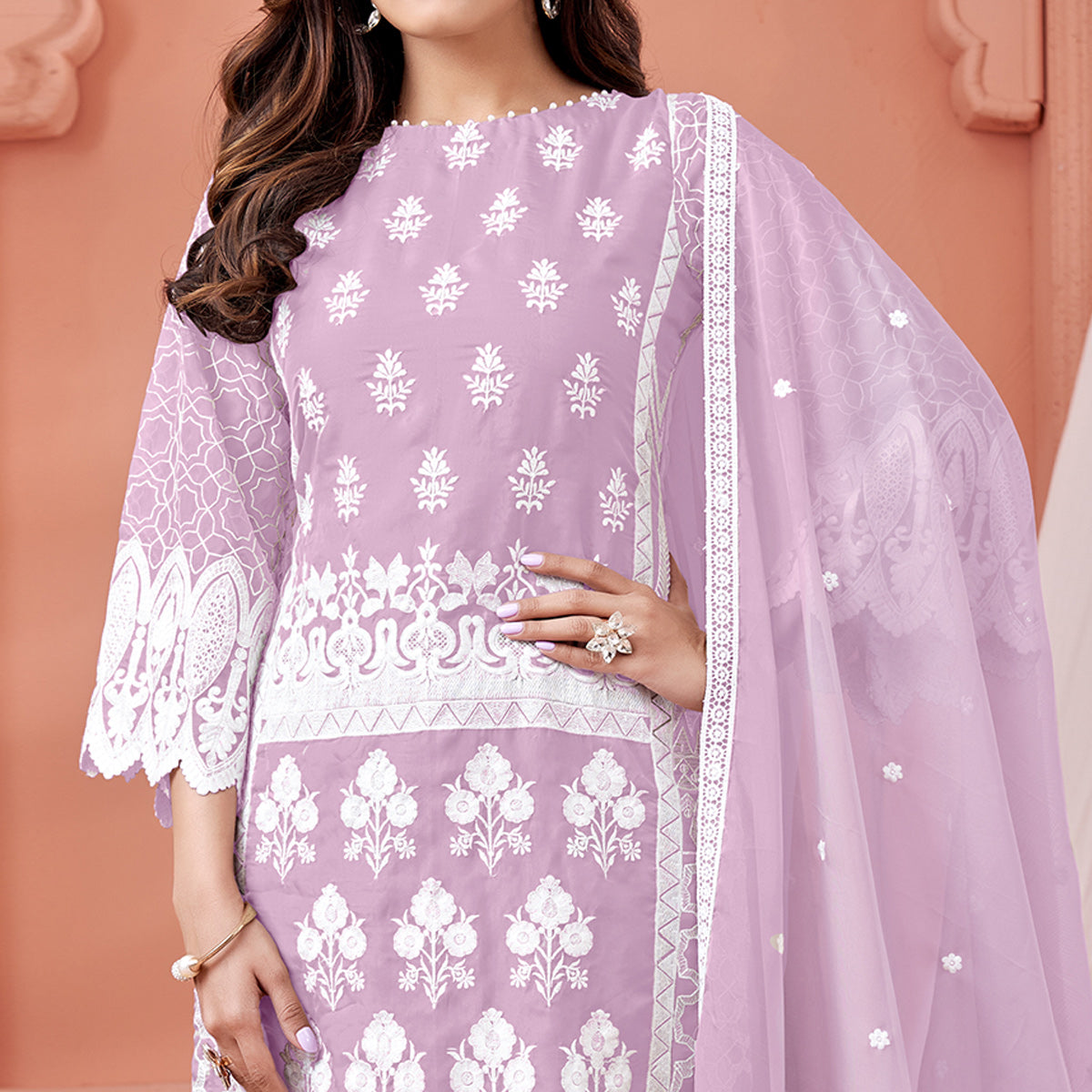 Mauve Floral Embroidered Organza Semi Stitched Suit
