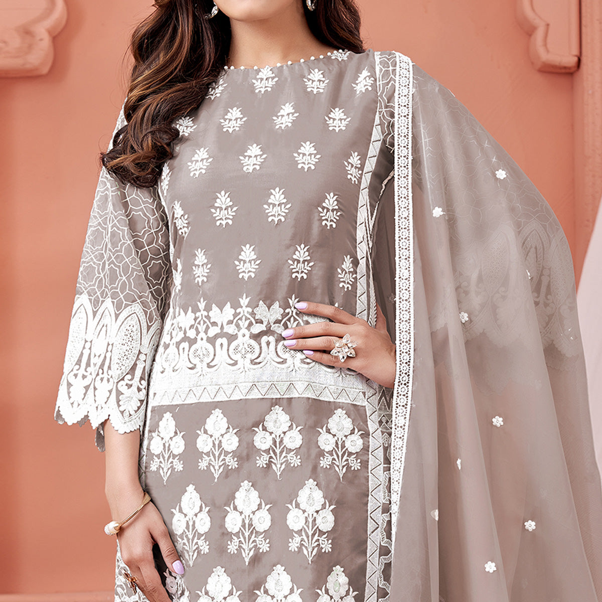 Grey Floral Embroidered Organza Semi Stitched Suit