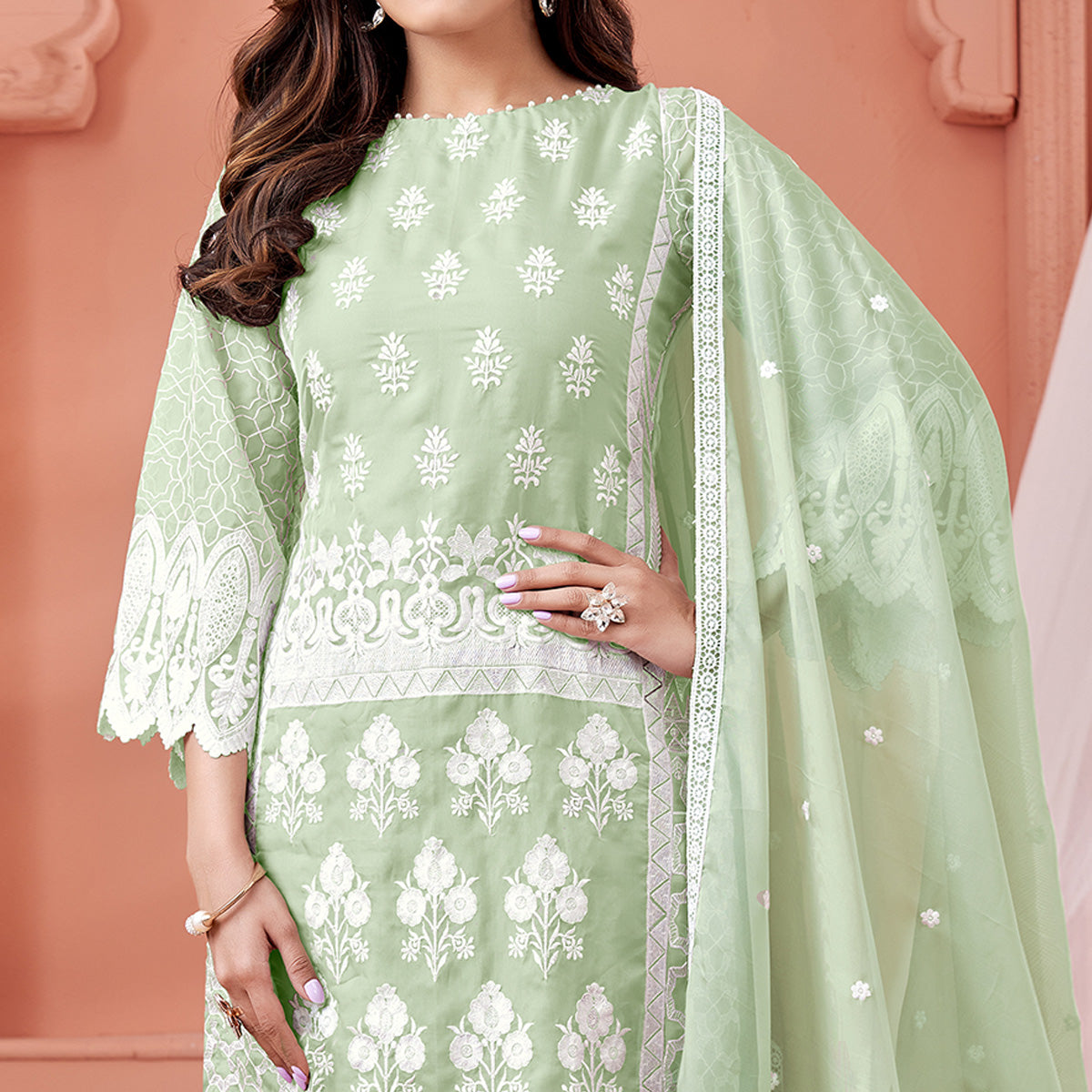 Green Floral Embroidered Organza Semi Stitched Suit