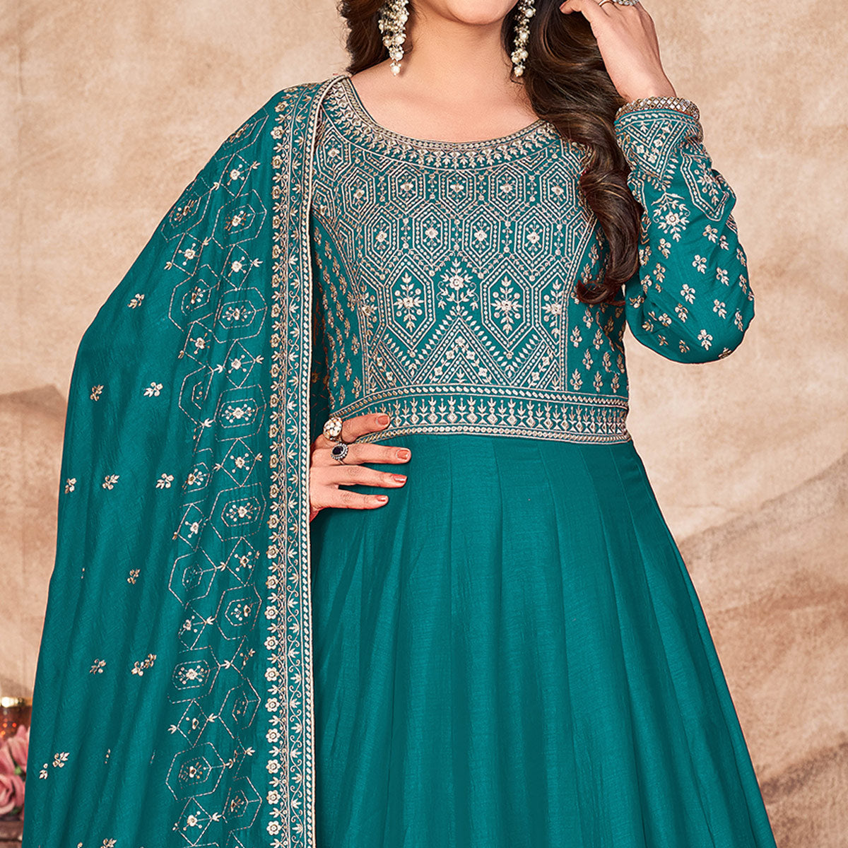 Rama Blue Embroidered Art Silk Semi Stitched Anarkali Suit