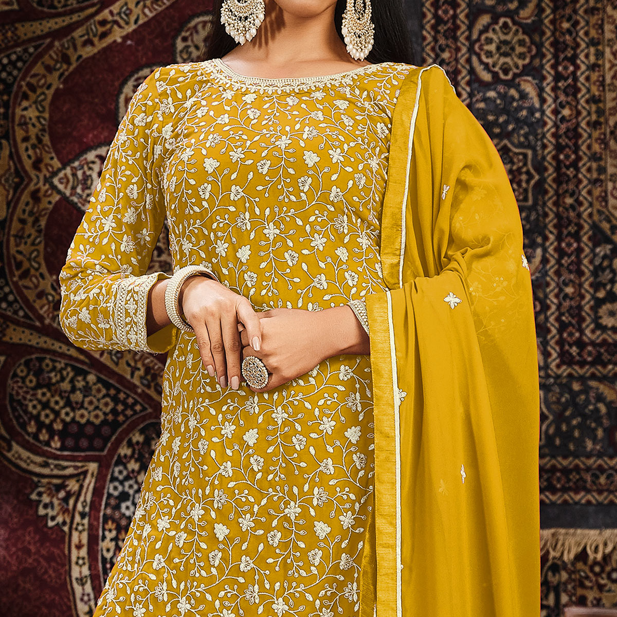 Mustard Floral Embroidered Georgette Unstitched Suit