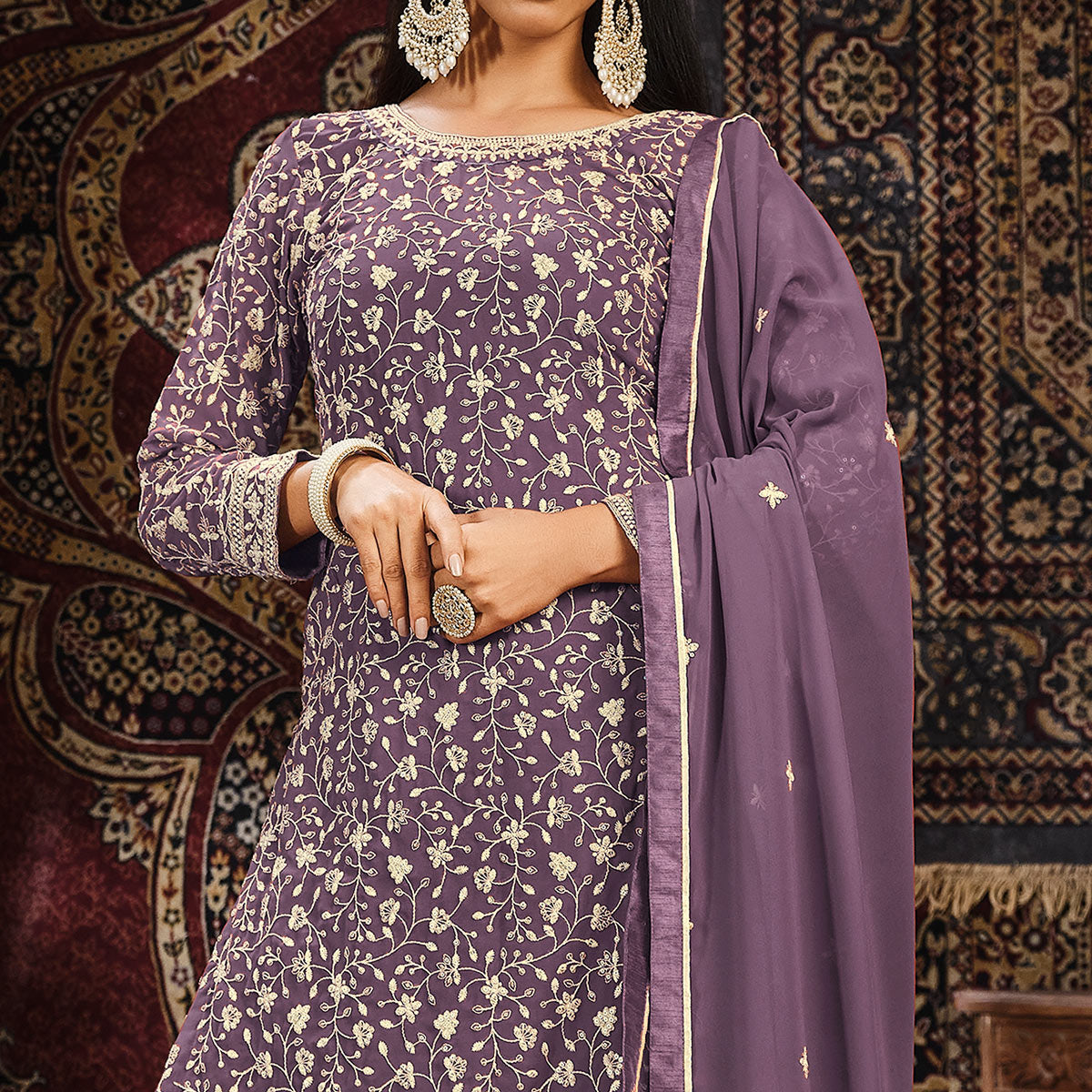 Purple Floral Embroidered Georgette Unstitched Suit