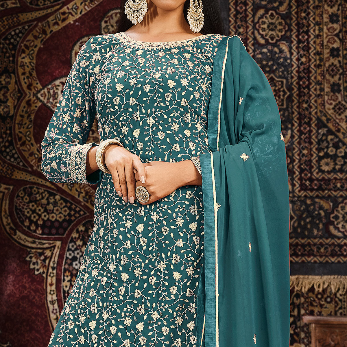 Teal Floral Embroidered Georgette Unstitched Suit