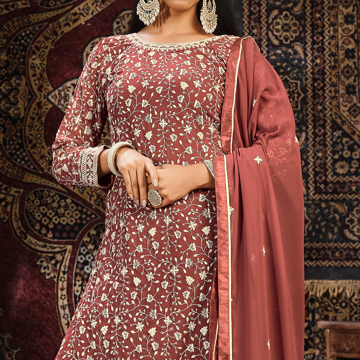 Rust Floral Embroidered Georgette Unstitched Suit