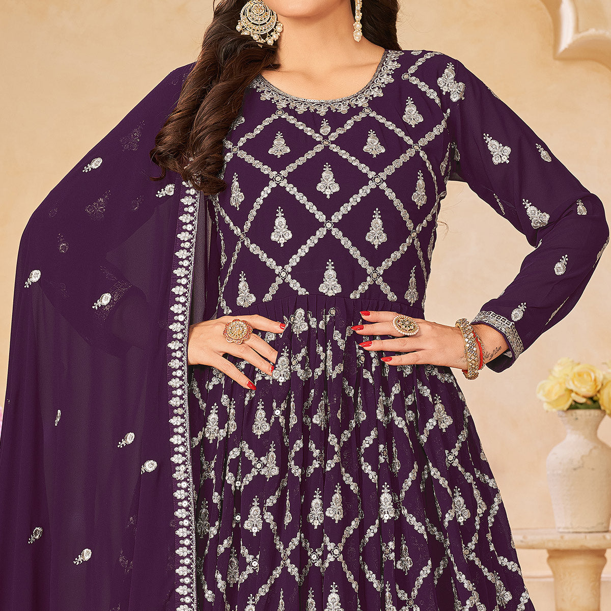 Purple Floral Embroidered Georgette Semi Stitched Anarkali Suit