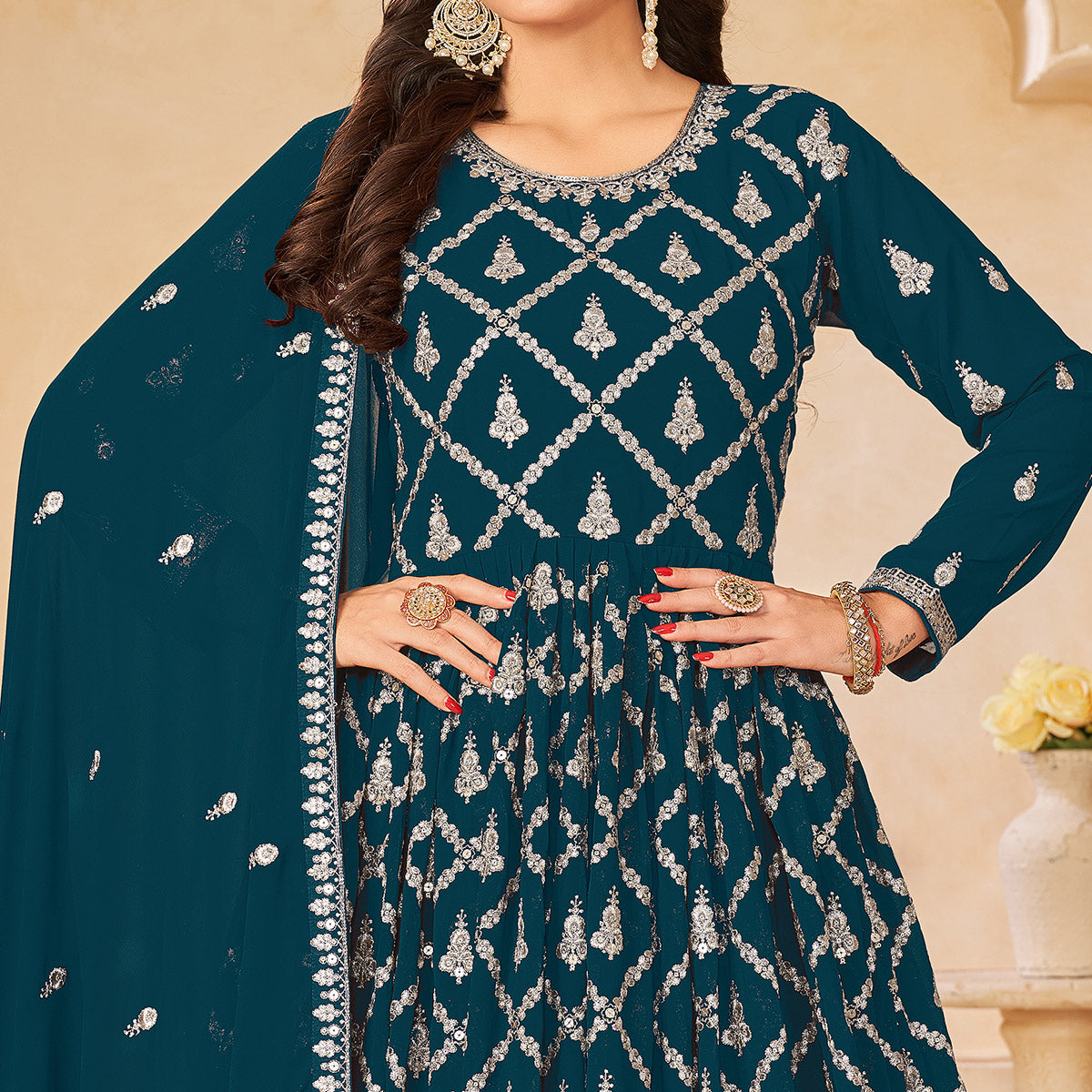 Morpich Floral Embroidered Georgette Semi Stitched Anarkali Suit