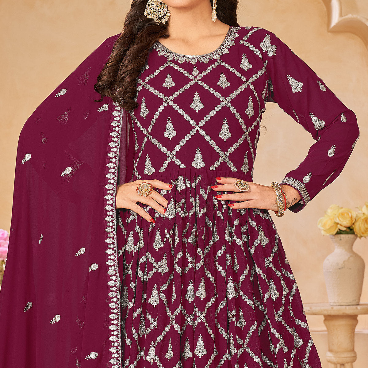 Dark Magenta Floral Embroidered Georgette Semi Stitched Anarkali Suit