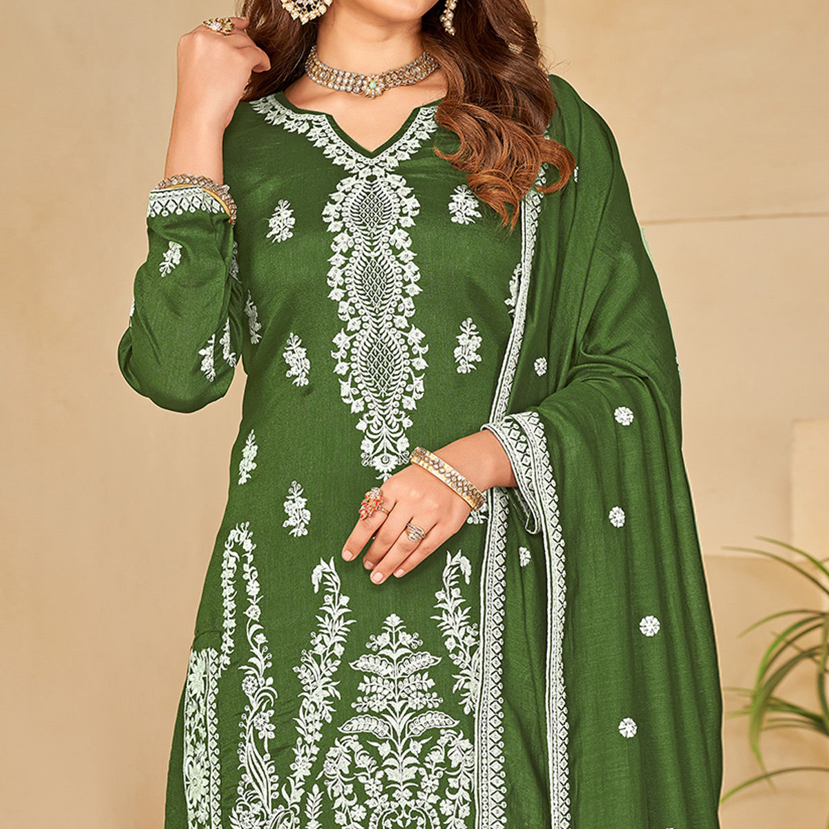 Green Floral Embroidered Art Silk Semi Stitched Palazzo Suit