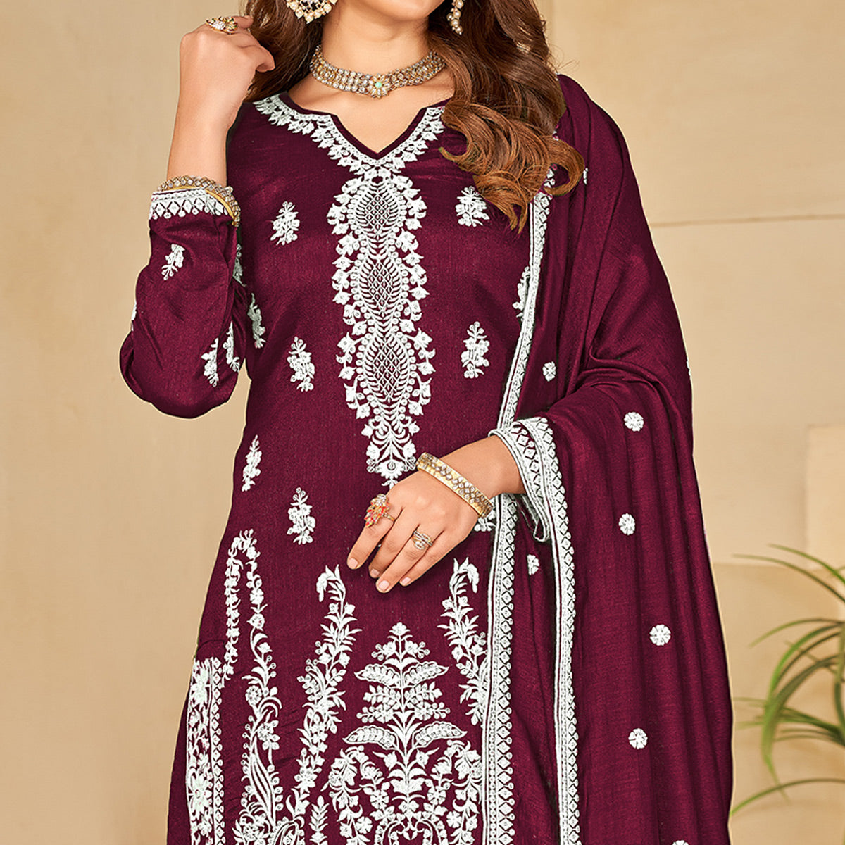 Wine Floral Embroidered Art Silk Semi Stitched Palazzo Suit
