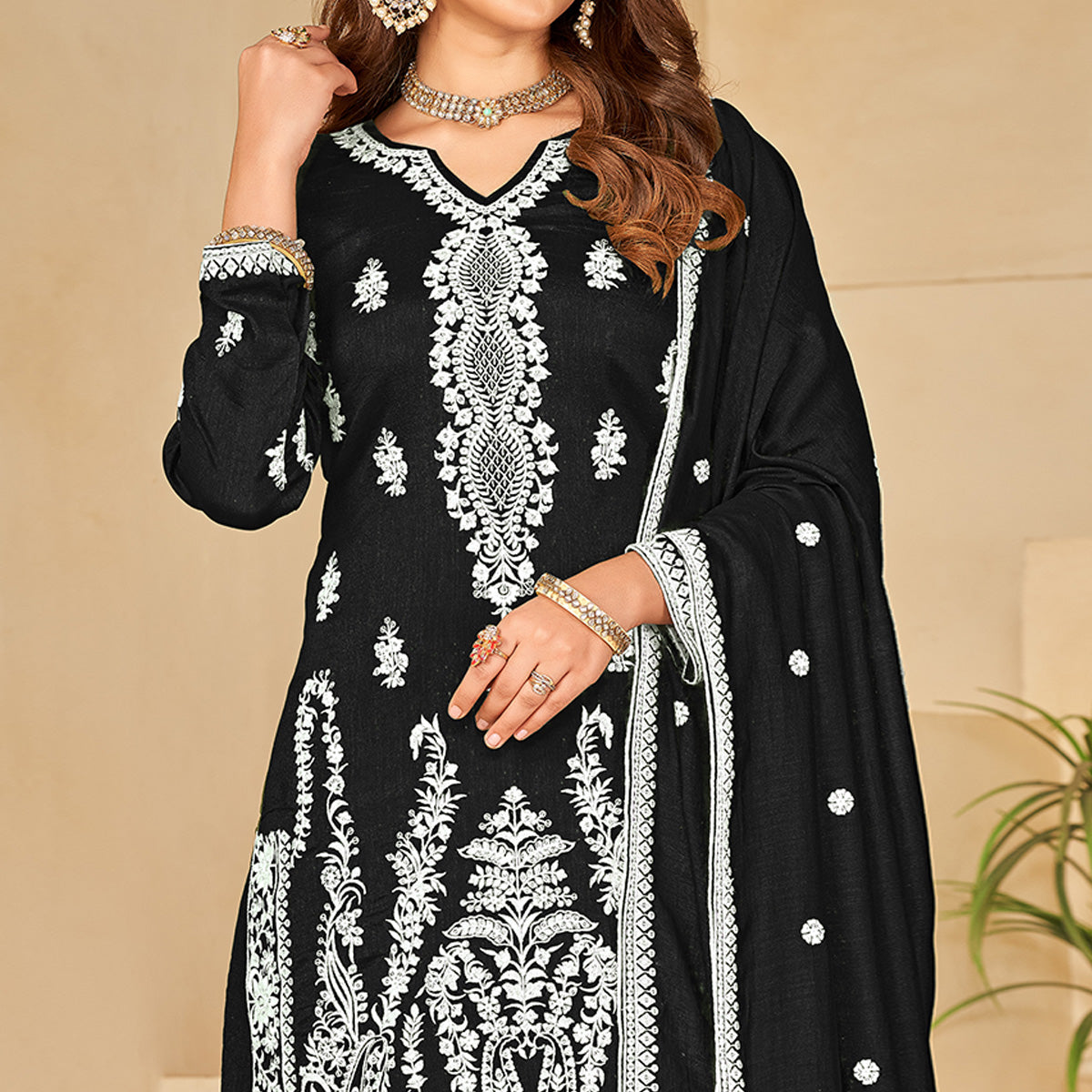 Black Floral Embroidered Art Silk Semi Stitched Palazzo Suit