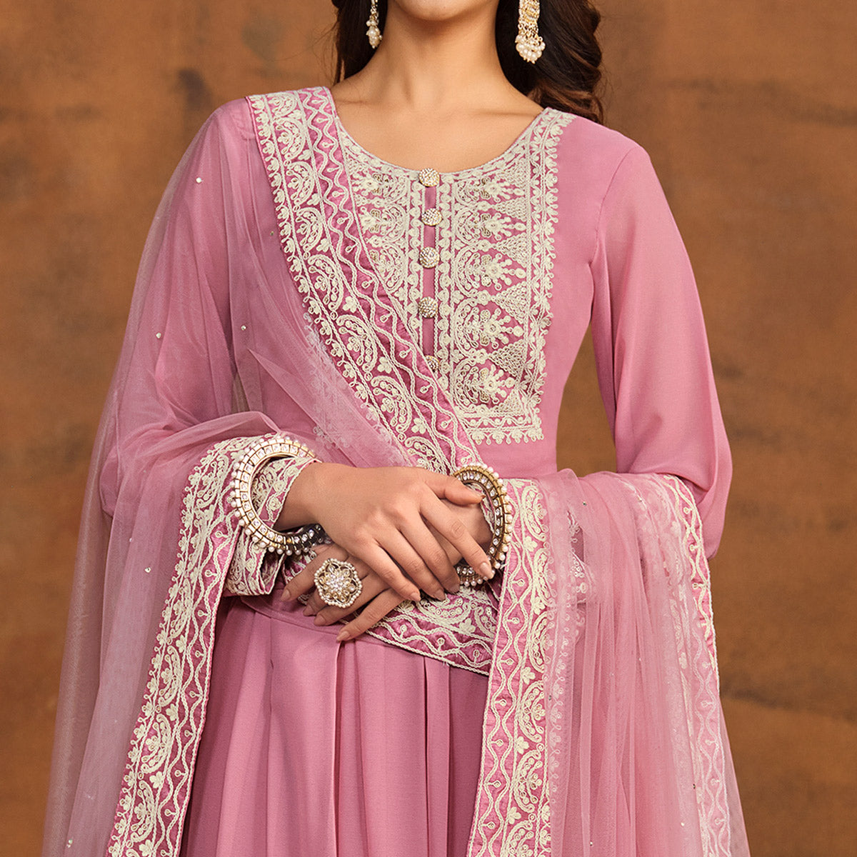 Pink Floral Embroidered Georgette Semi Stitched Palazzo Suit