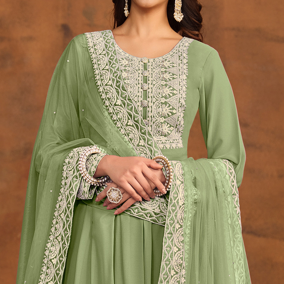 Pista Green Floral Embroidered Georgette Semi Stitched Palazzo Suit