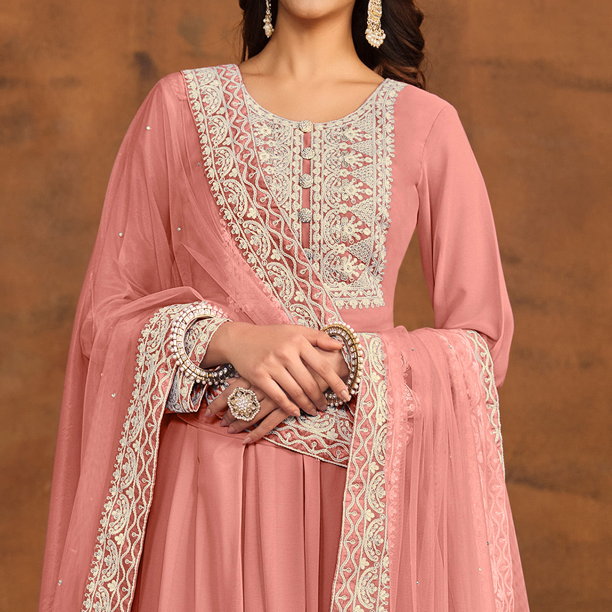 Peach Floral Embroidered Georgette Semi Stitched Palazzo Suit