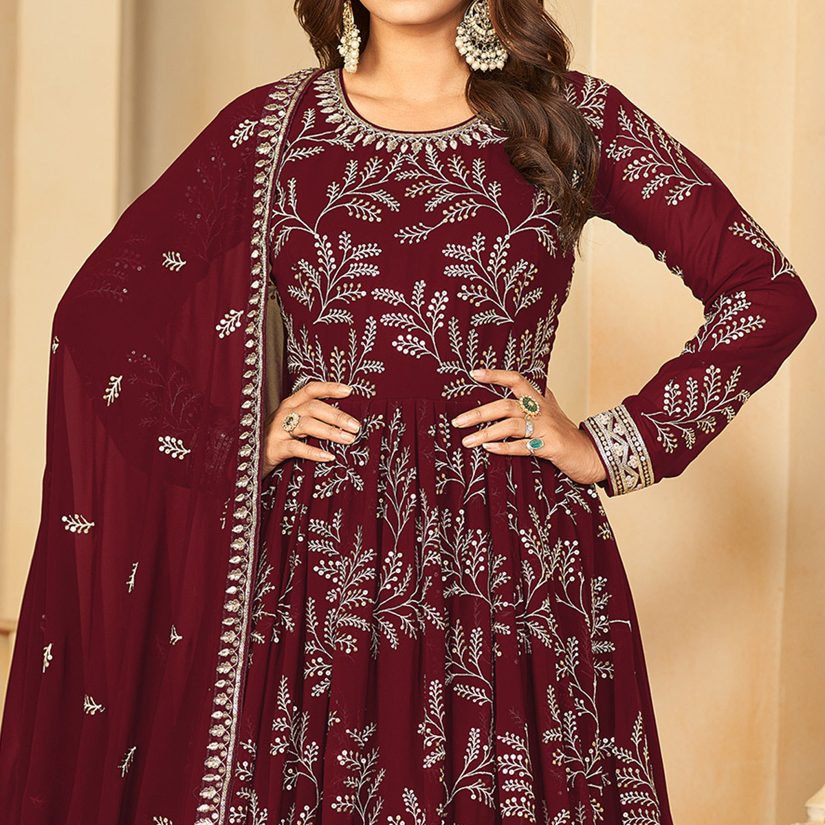 Maroon Sequins Embroidered Georgette Anarkali Style Semi Stitched Gown