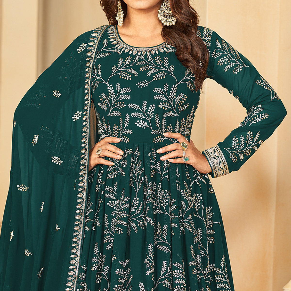 Green Sequins Embroidered Georgette Anarkali Style Semi Stitched Gown