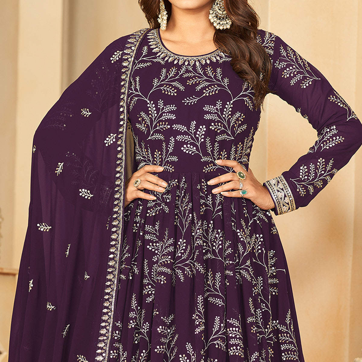 Purple Sequins Embroidered Georgette Anarkali Style Semi Stitched Gown