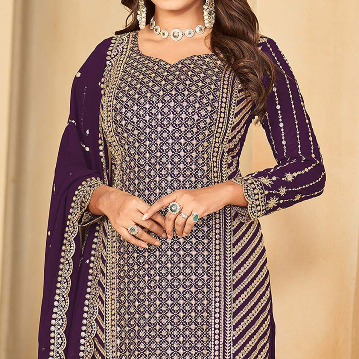 Purple Sequins Embroidered Georgette Semi Stithed Sharara Suit