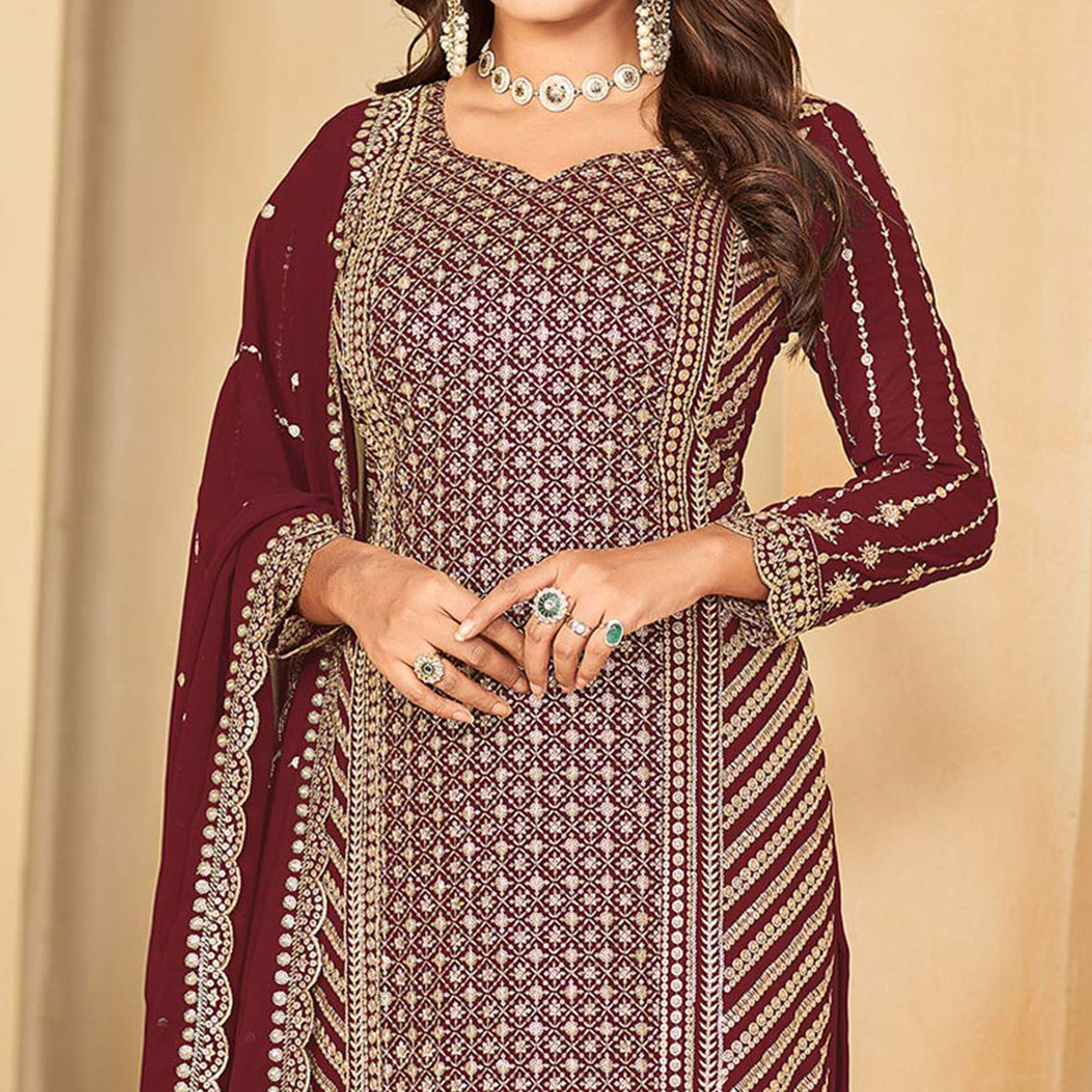 Maroon Sequins Embroidered Georgette Semi Stithed Sharara Suit