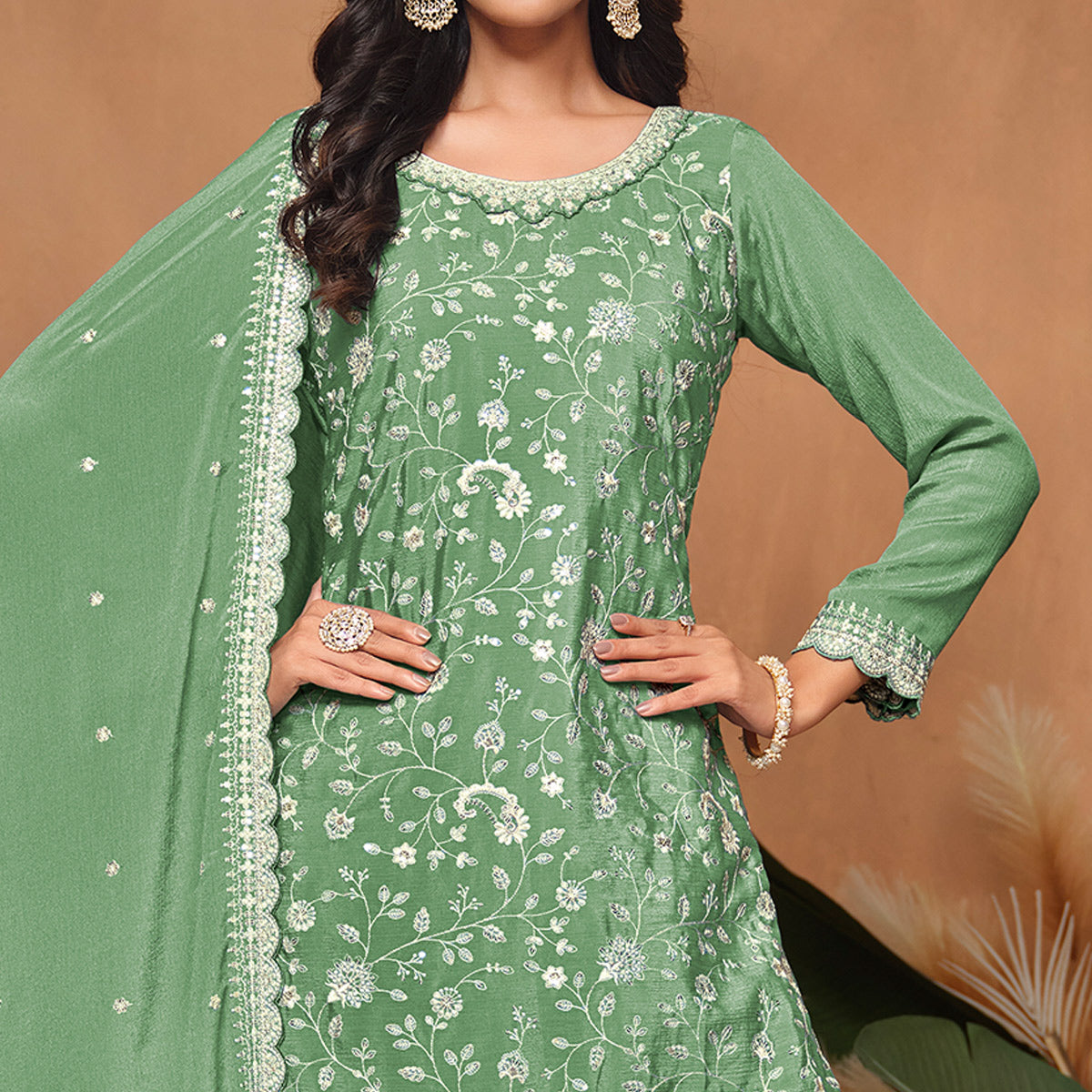 Green Floral Sequins Embroidered Chinon Semi Stitched Palazzo Suit