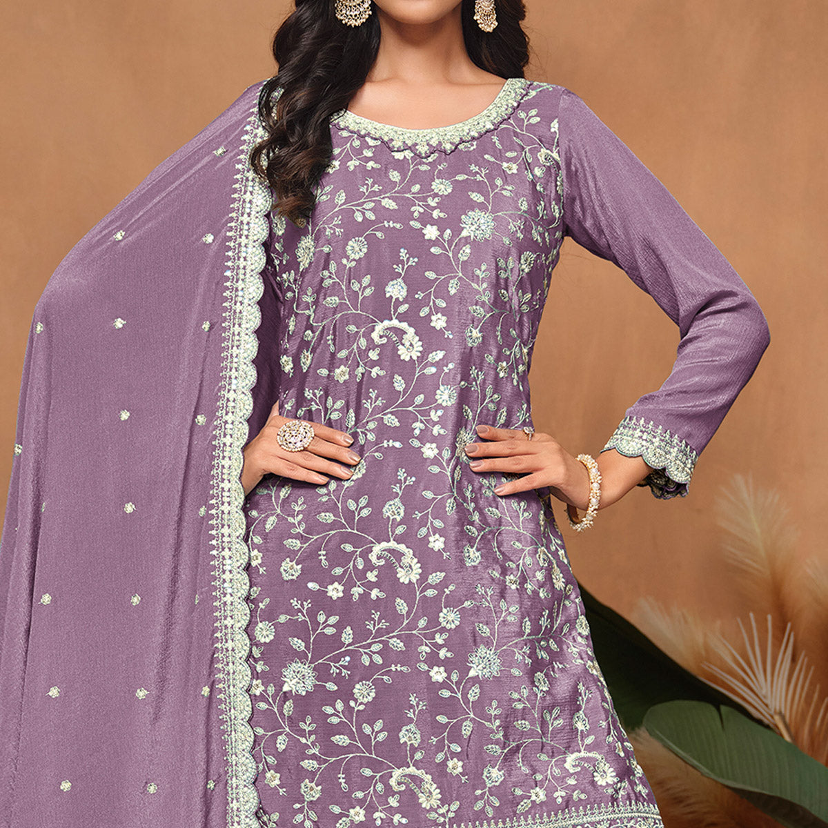 Purple Floral Sequins Embroidered Chinon Semi Stitched Palazzo Suit