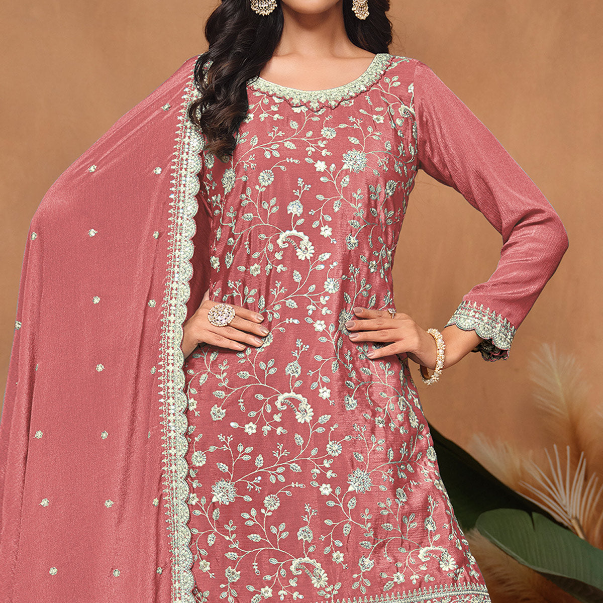 Peach Floral Sequins Embroidered Chinon Semi Stitched Palazzo Suit