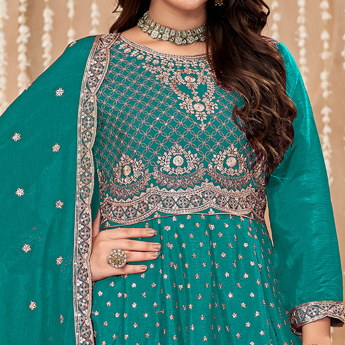 Rama Green Floral Sequins Embroidered Chinon Semi Stitched Sharara Suit