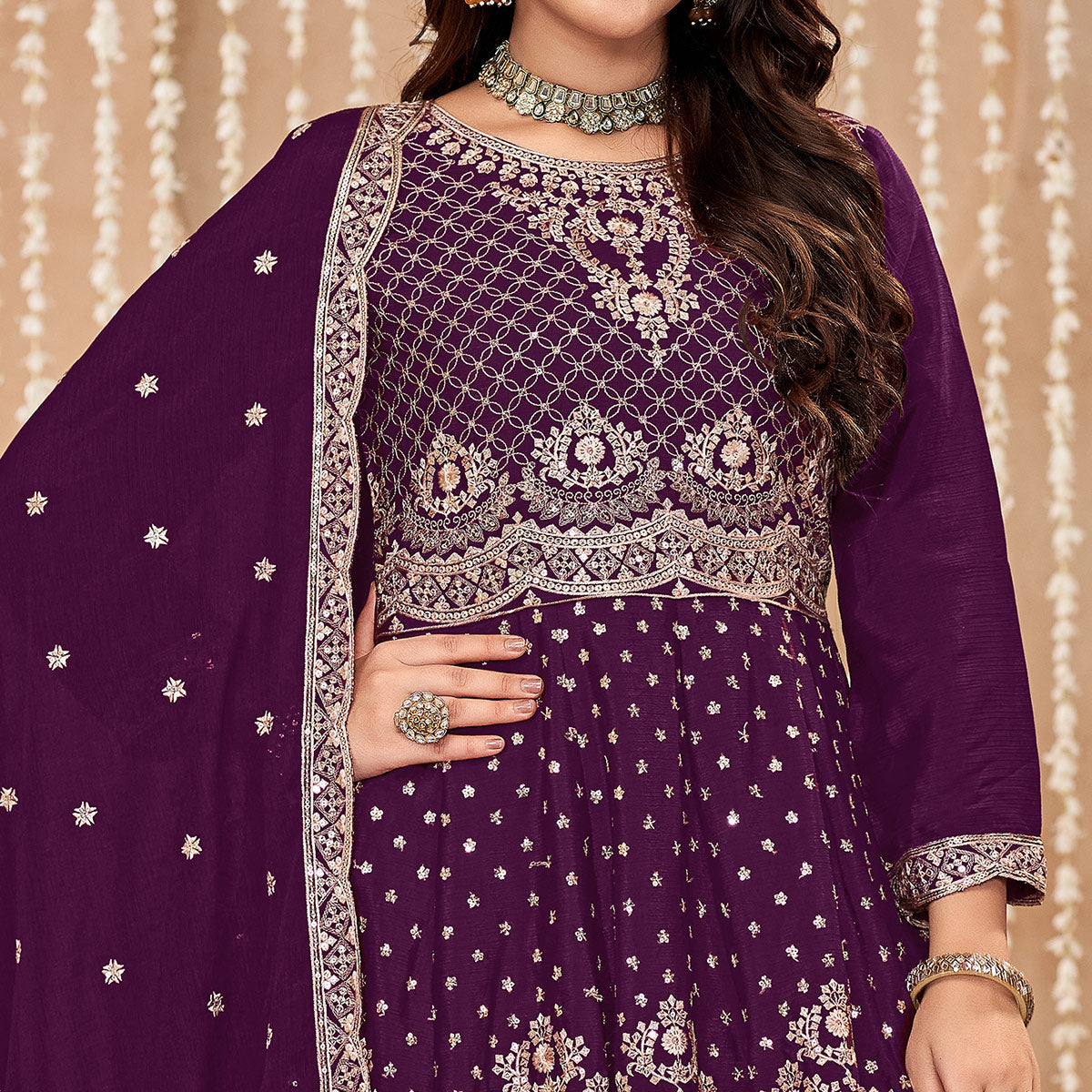 Purple Floral Sequins Embroidered Chinon Semi Stitched Sharara Suit