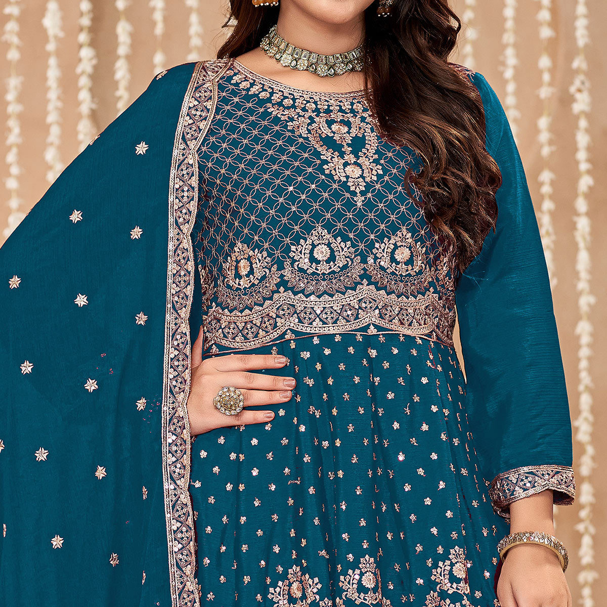 Teal Floral Sequins Embroidered Chinon Semi Stitched Sharara Suit