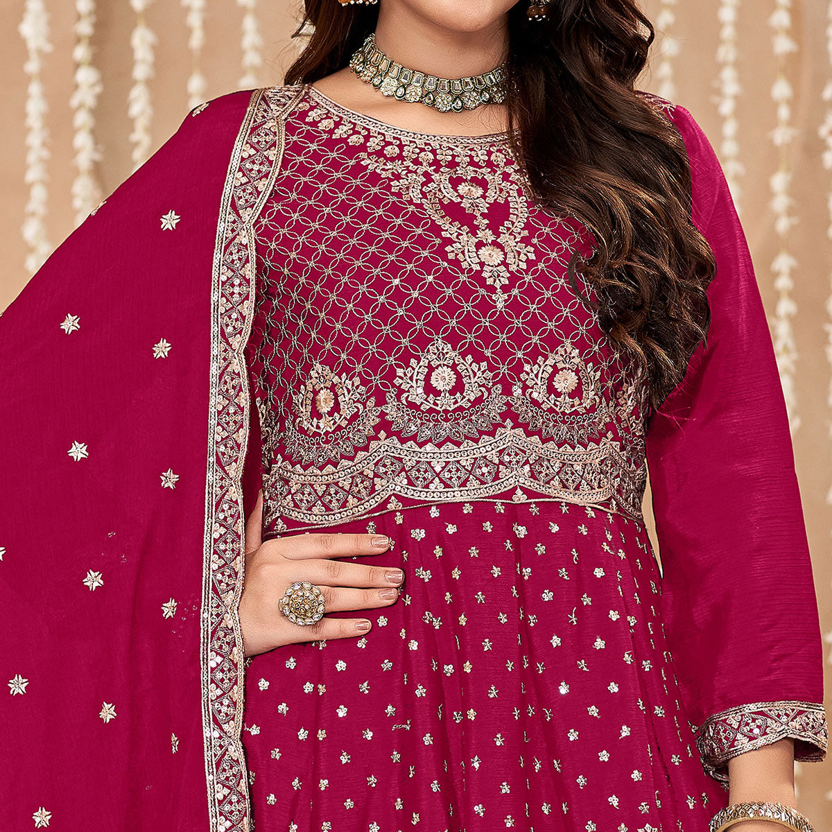 Rani Pink Floral Sequins Embroidered Chinon Semi Stitched Sharara Suit