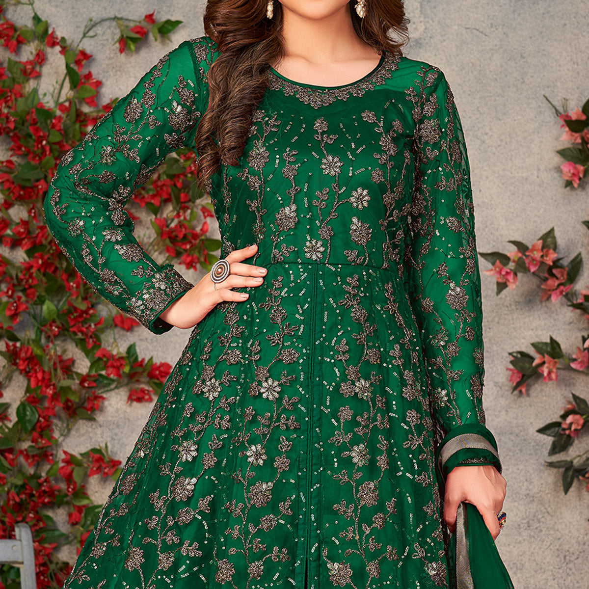 Green Embroidered Net Semi Stitched Anarkali Style Suit