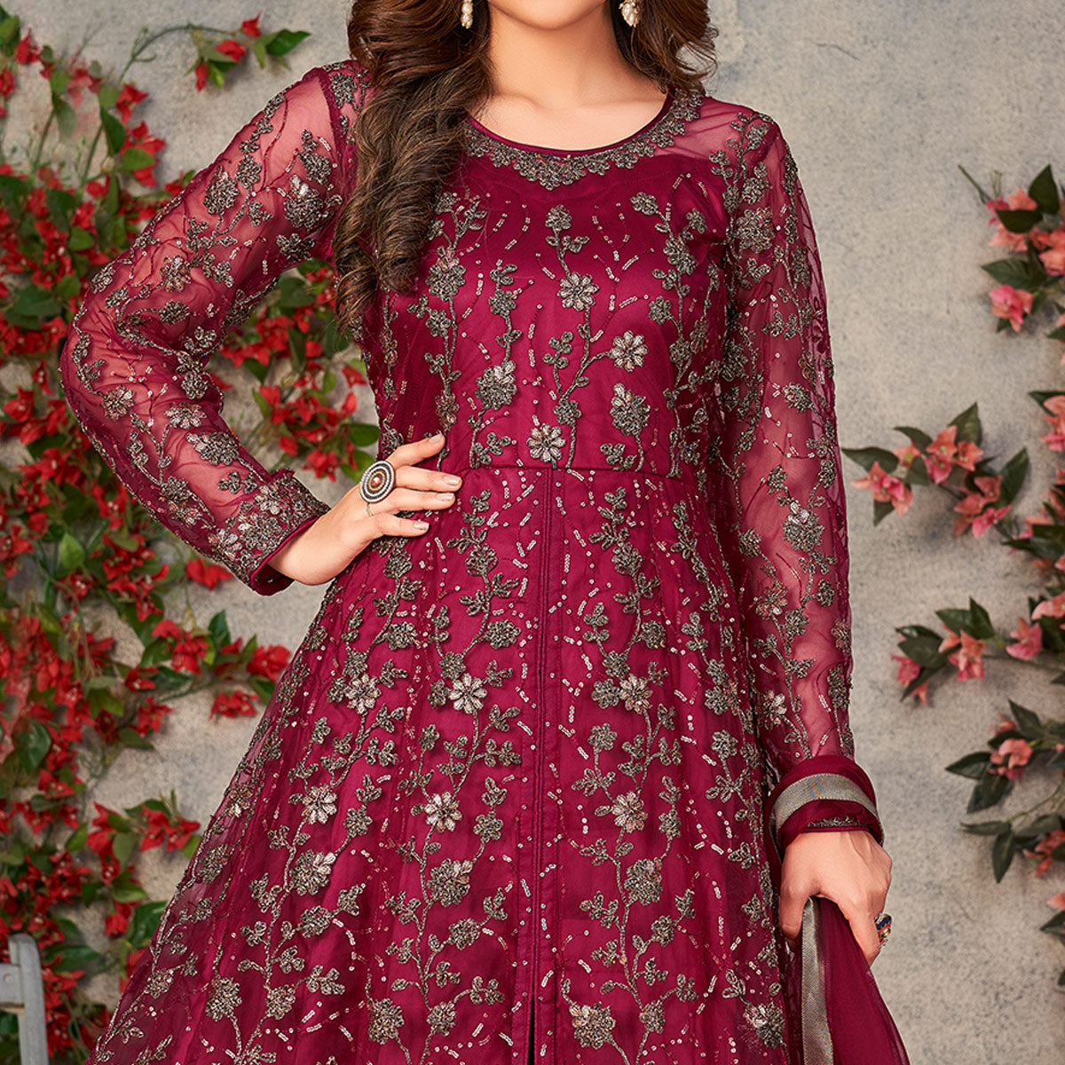 Pink Embroidered Net Semi Stitched Anarkali Style Suit