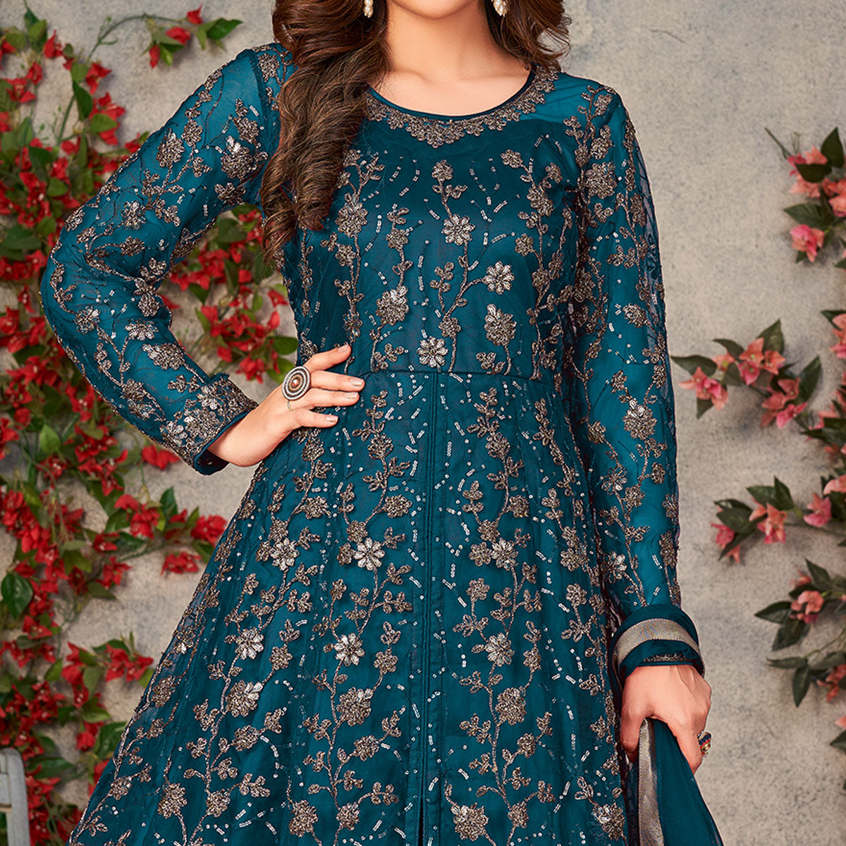 Morpich Embroidered Net Semi Stitched Anarkali Style Suit