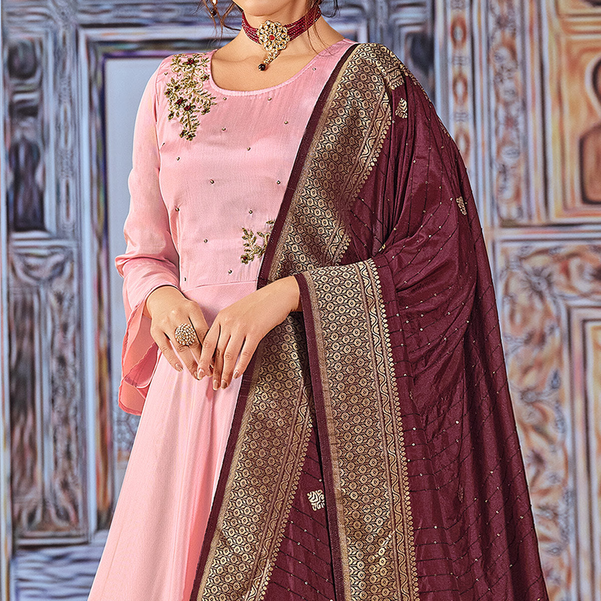 Pink Handwork Embroidered Art Silk Anarkali Suit