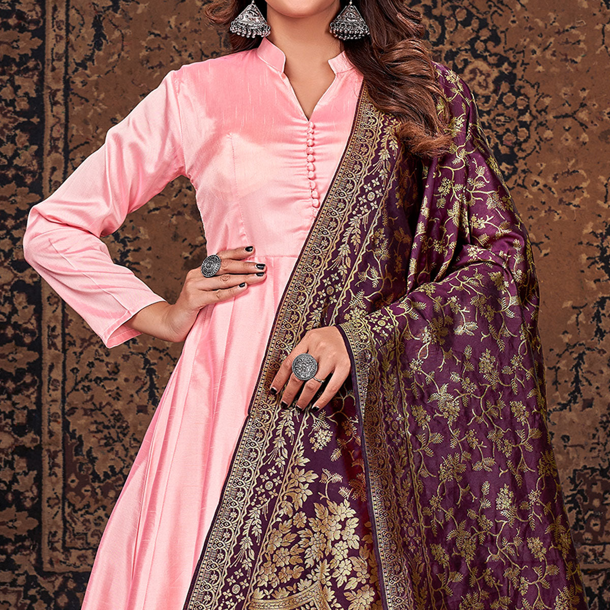 Pink Solid Art Silk Anarkali Suit