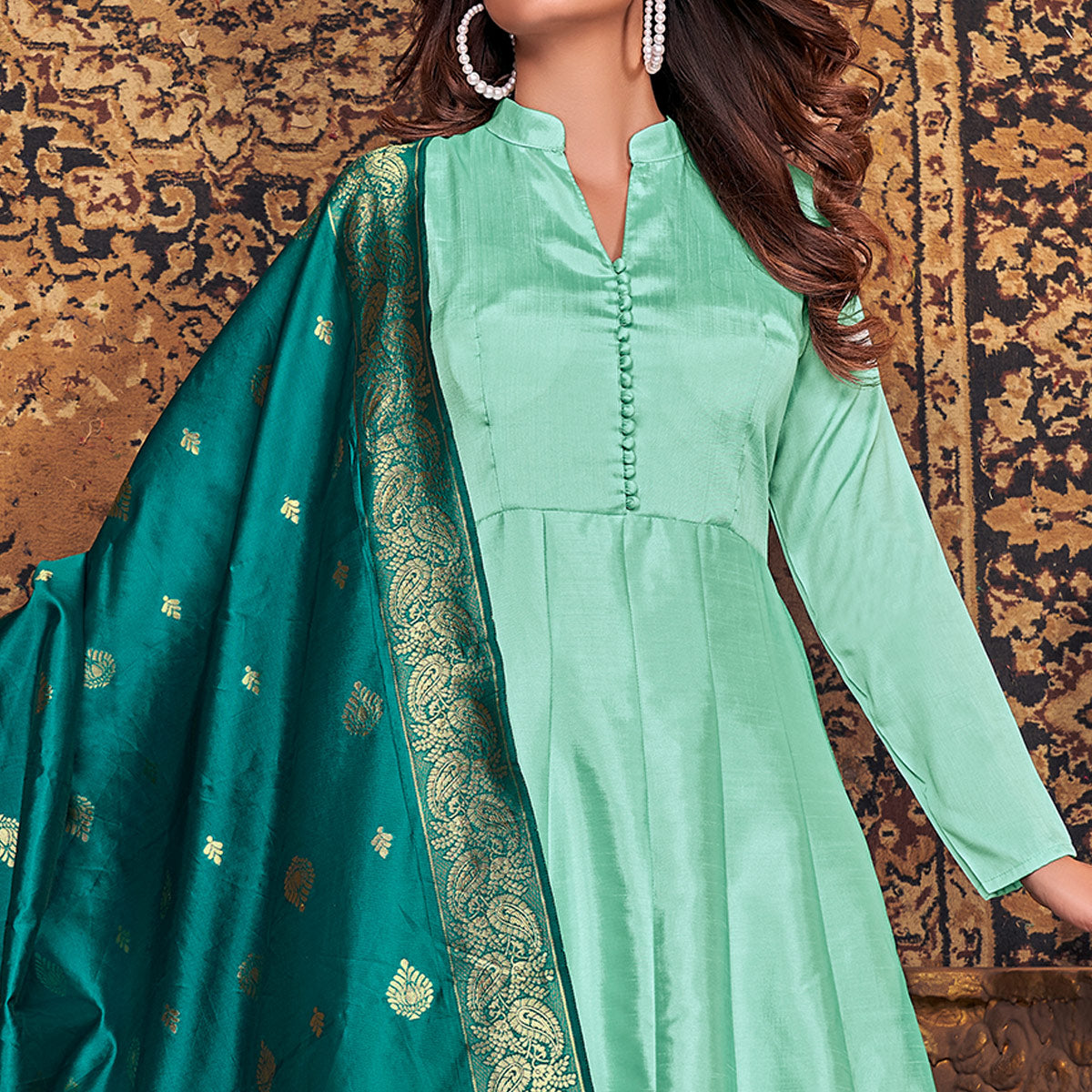 Turquoise Solid Art Silk Anarkali Suit