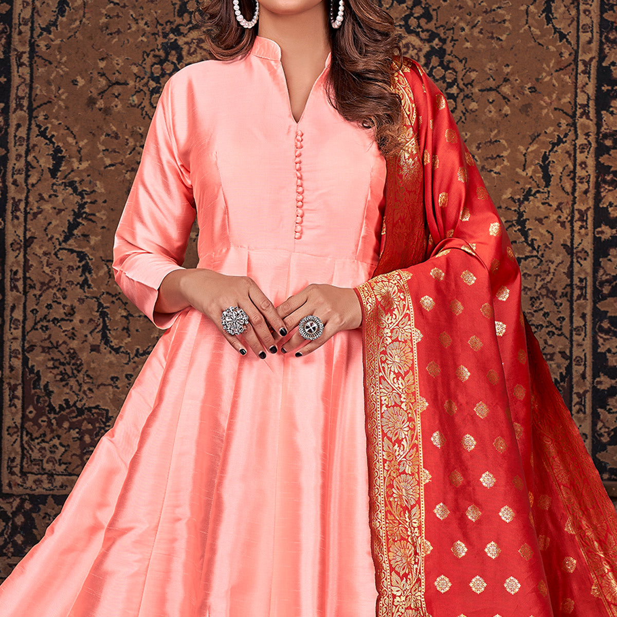 Peach Solid Art Silk Anarkali Suit