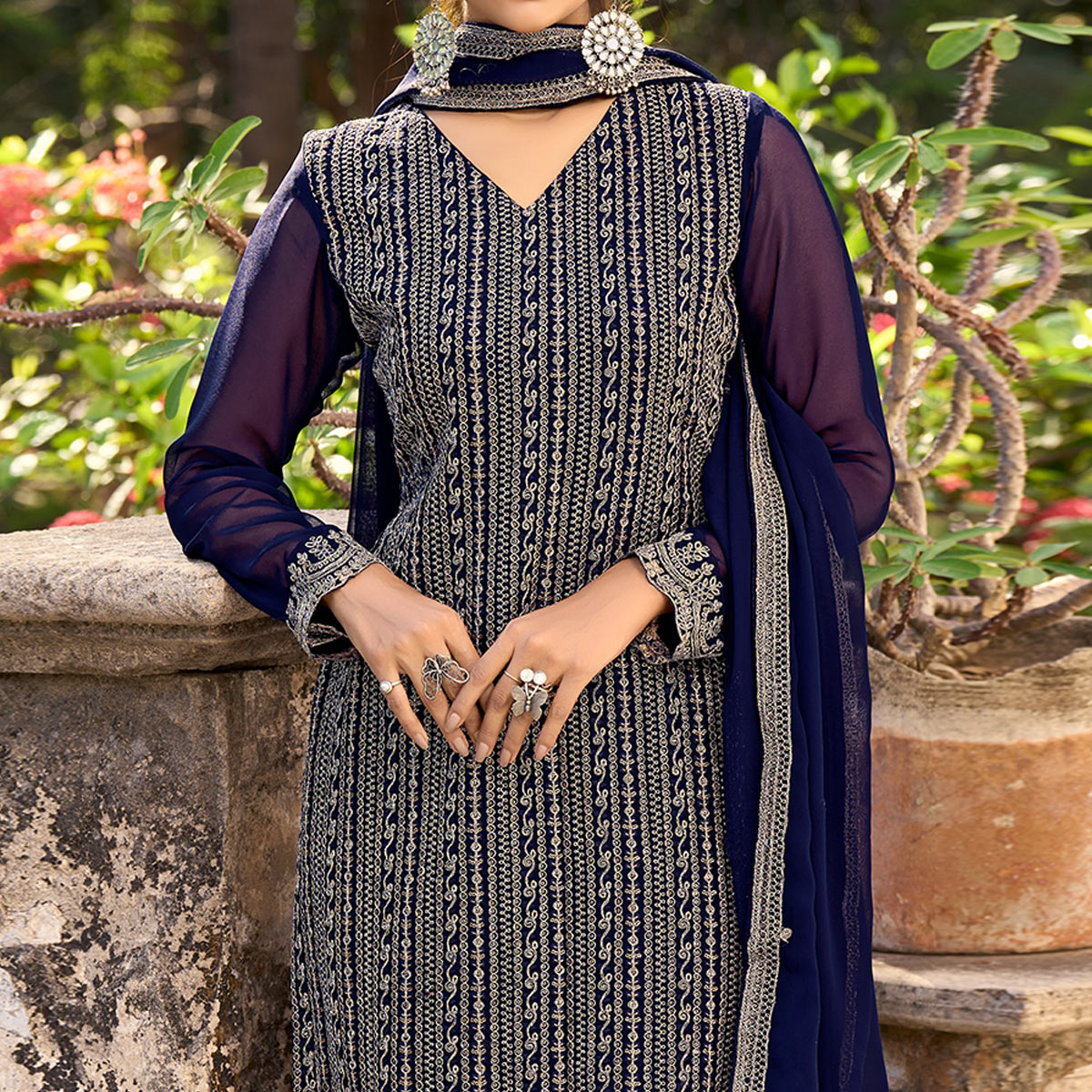 Navy Blue Floral Embroidered Art Silk Suit