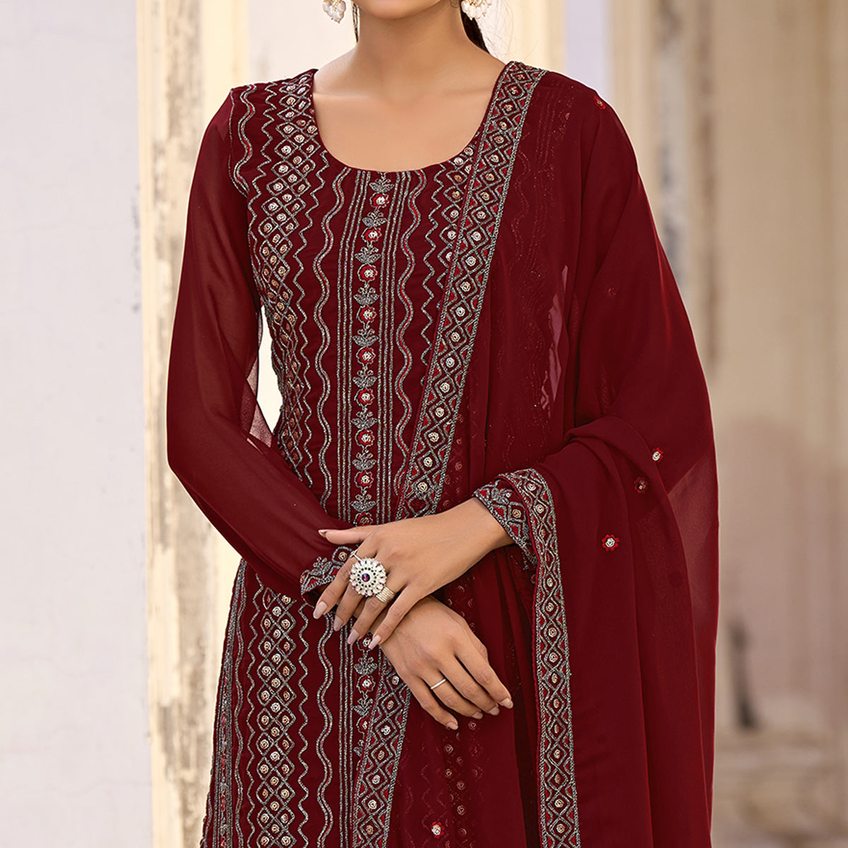 Maroon Floral Embroidered Art Silk Suit