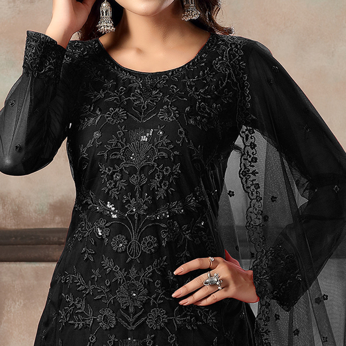 Black Floral Embroidered Net Suit