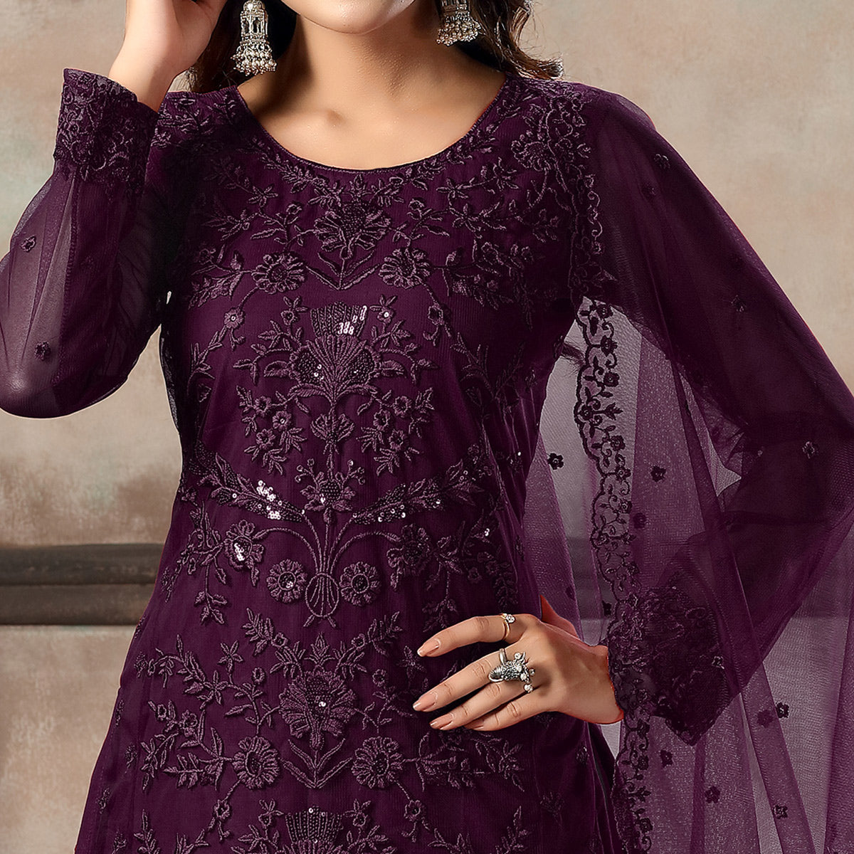 Wine Floral Embroidered Net Suit