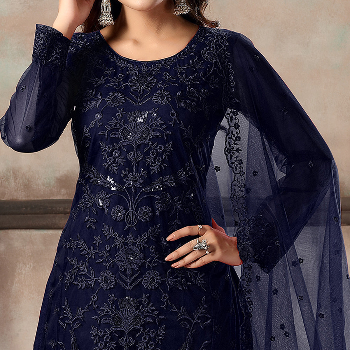 Blue Floral Embroidered Net Suit