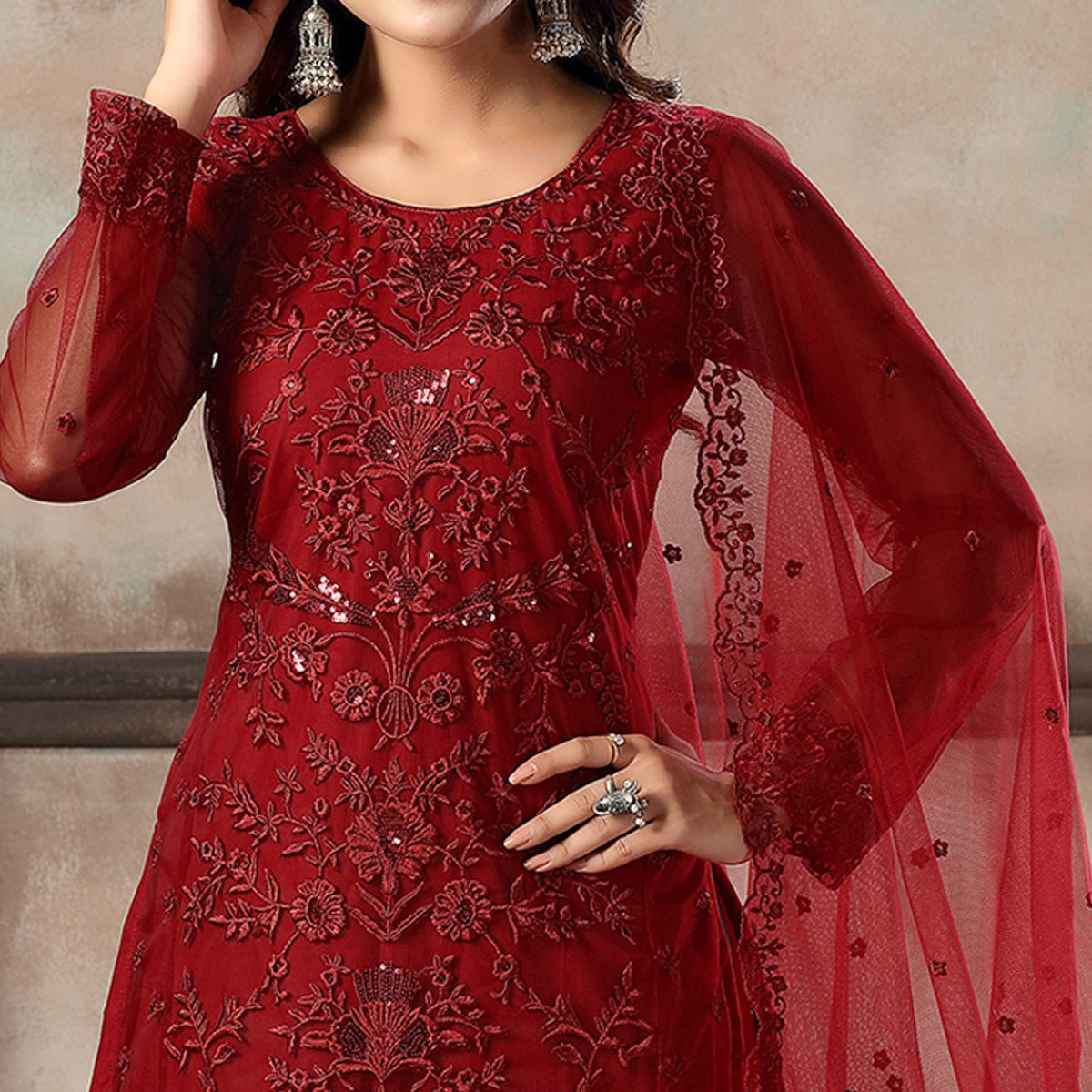 Red Floral Embroidered Net Suit