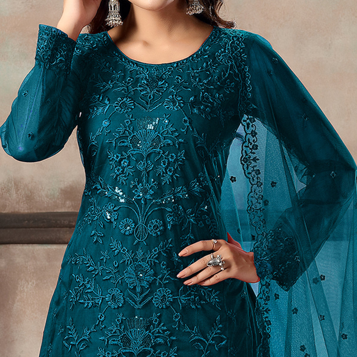 Morpich Floral Embroidered Net Suit