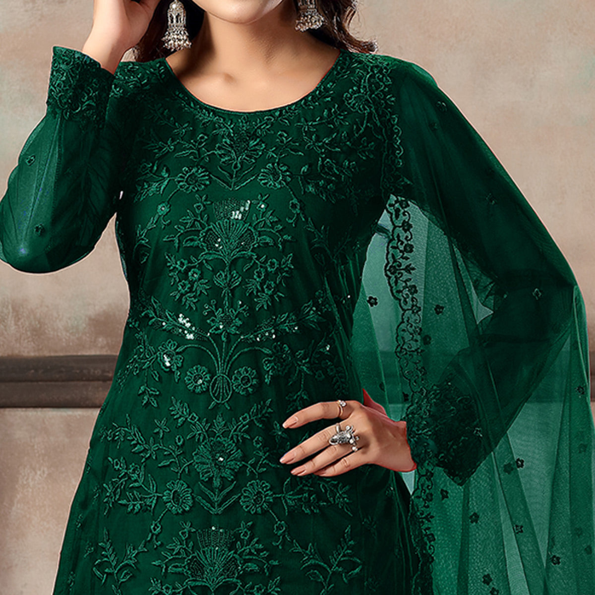 Green Floral Embroidered Net Suit