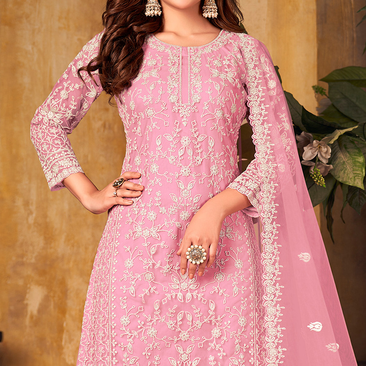 Pink Floral Embroidered Net Semi Stitched Suit