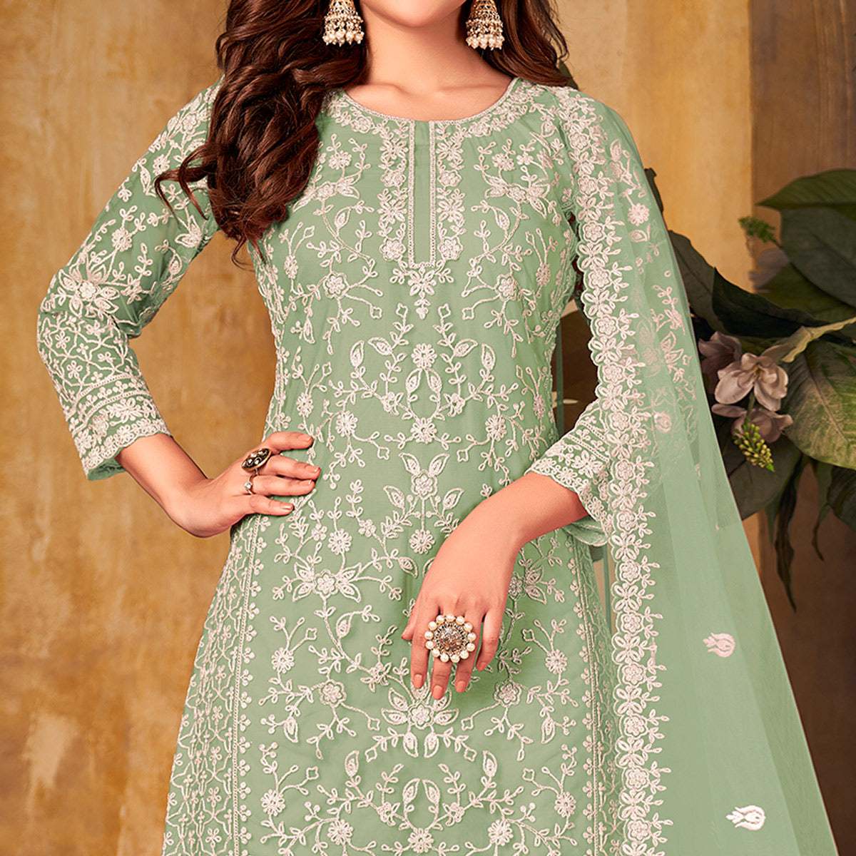 Green Floral Embroidered Net Semi Stitched Suit