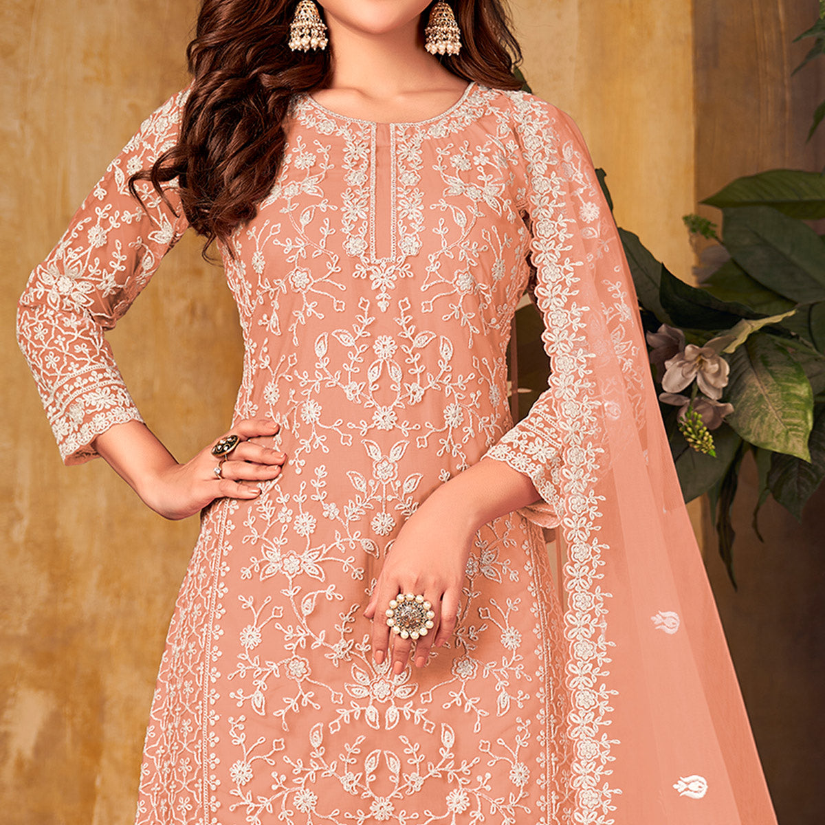 Peach Floral Embroidered Net Semi Stitched Suit