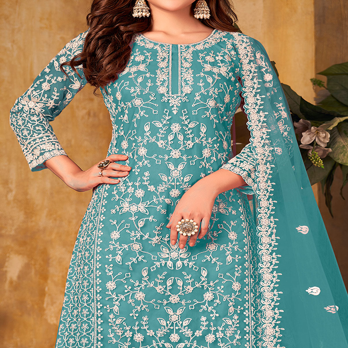 Blue Floral Embroidered Net Semi Stitched Suit