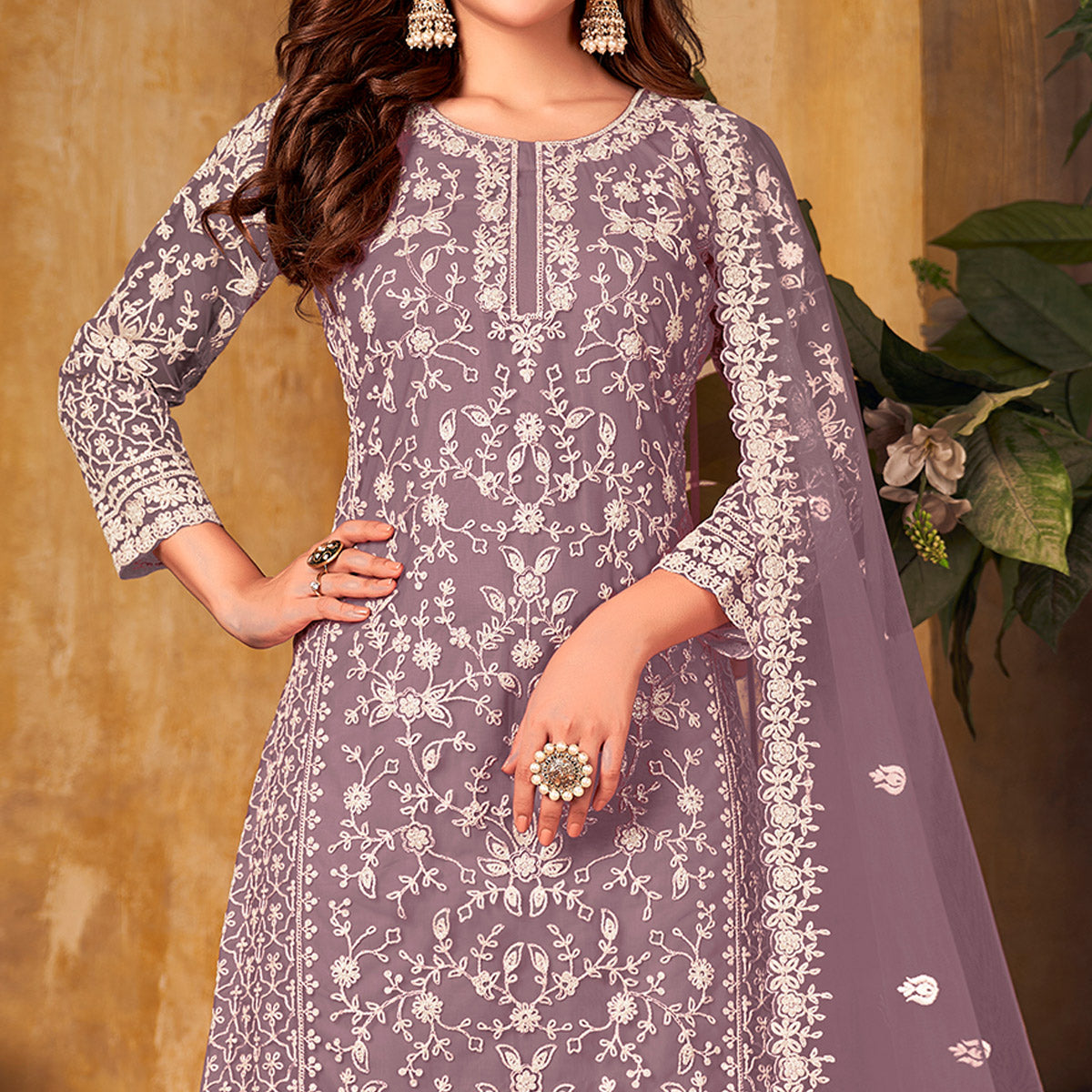 Purple Floral Embroidered Net Semi Stitched Suit